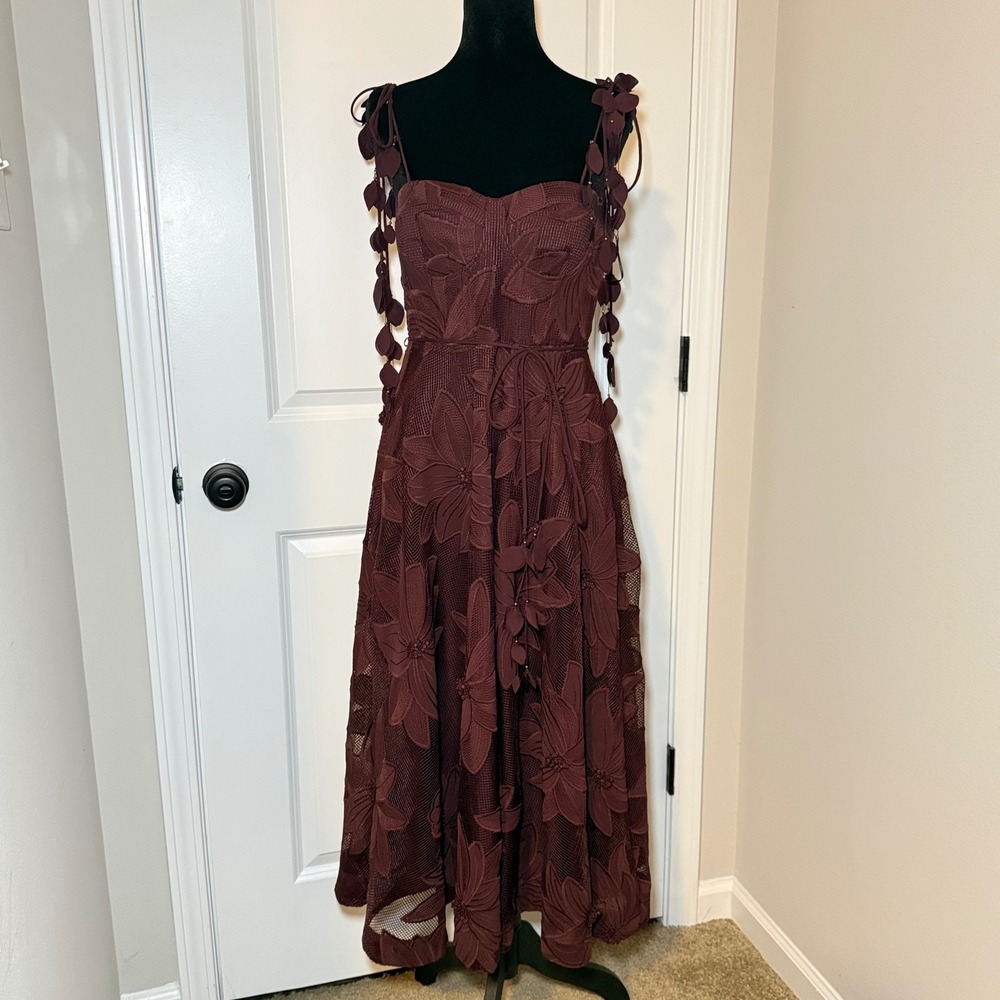 Ciebon Burgundy Floral Lace Midi Dress Size M Boho Party Chic
